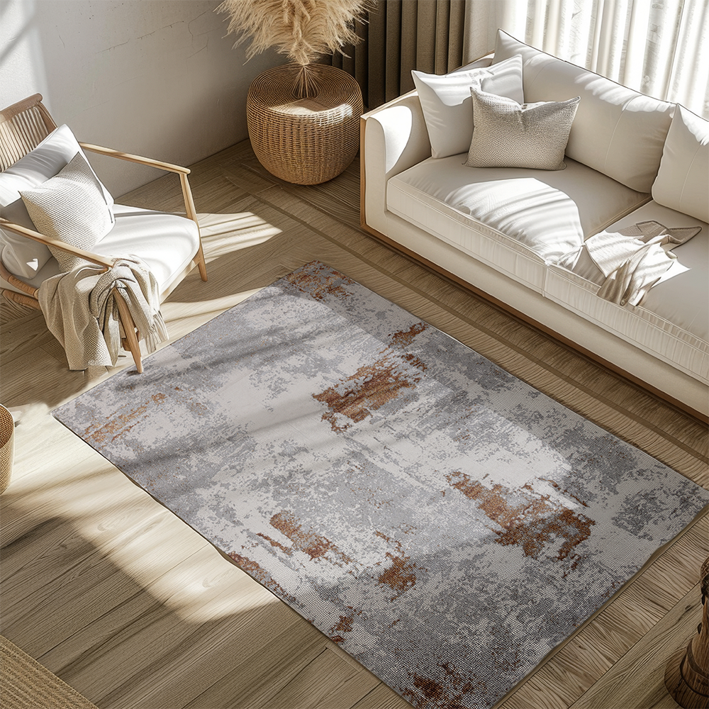 Belle Abstract Textured Rug in gray and brown, ideal for contemporary home styling.