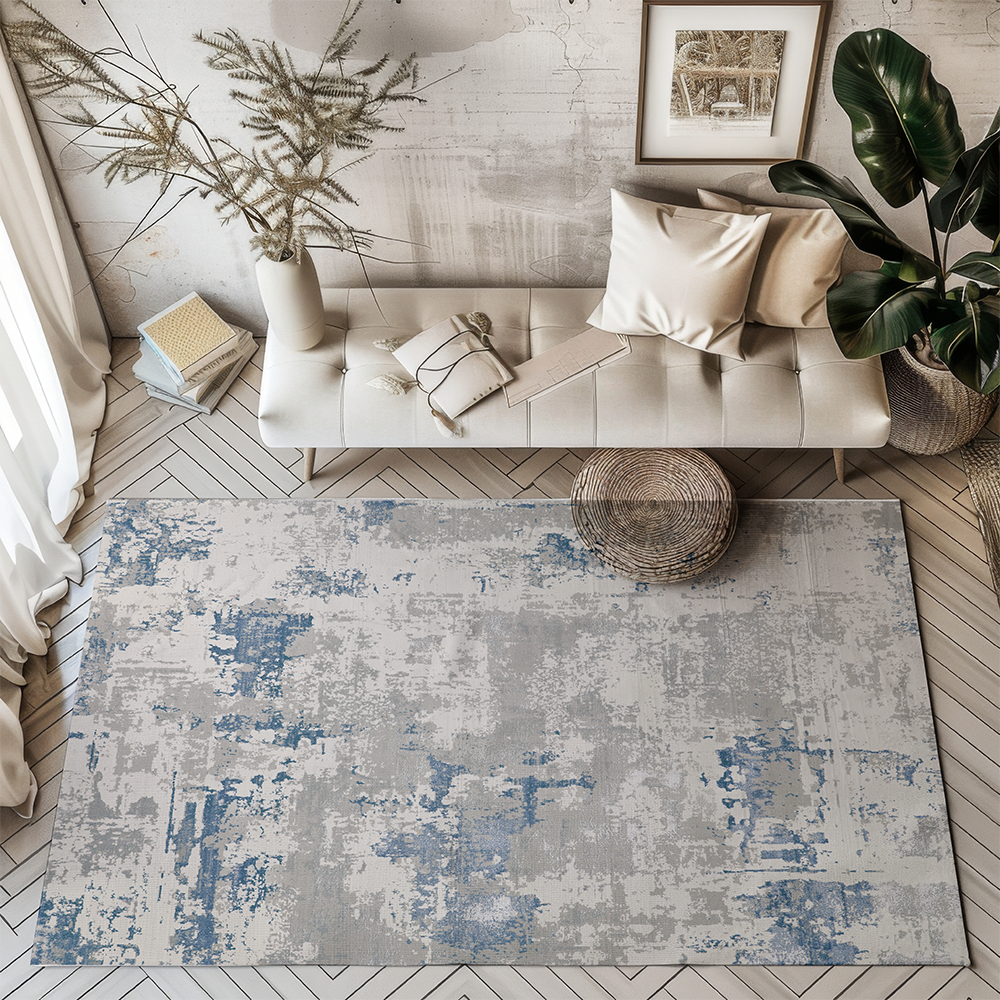 Opal Abstract Textured Rug in blue and gray, perfect for modern living rooms.