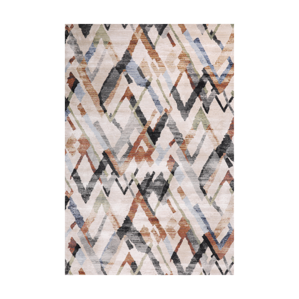 Geometric textured rug with colorful diamond patterns in neutral tones