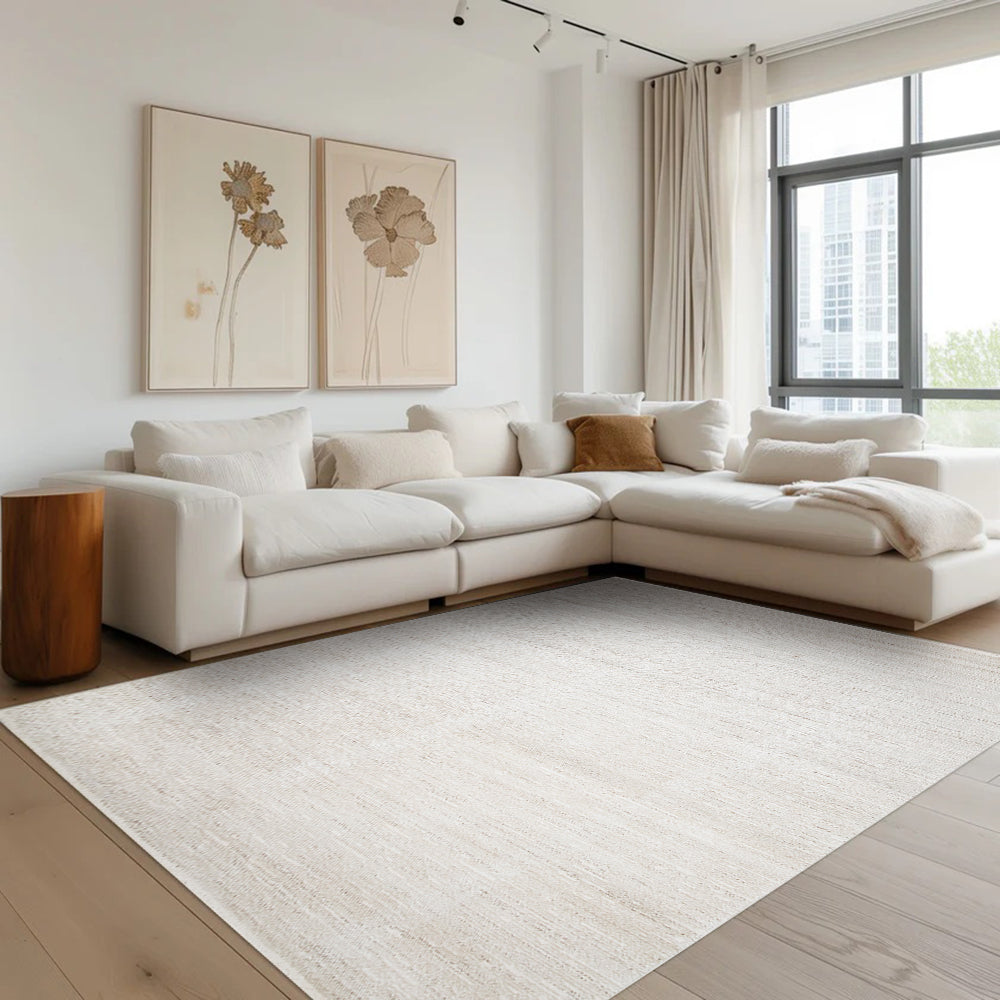 Light Romulus textured rug enhancing a contemporary living room aesthetic.
