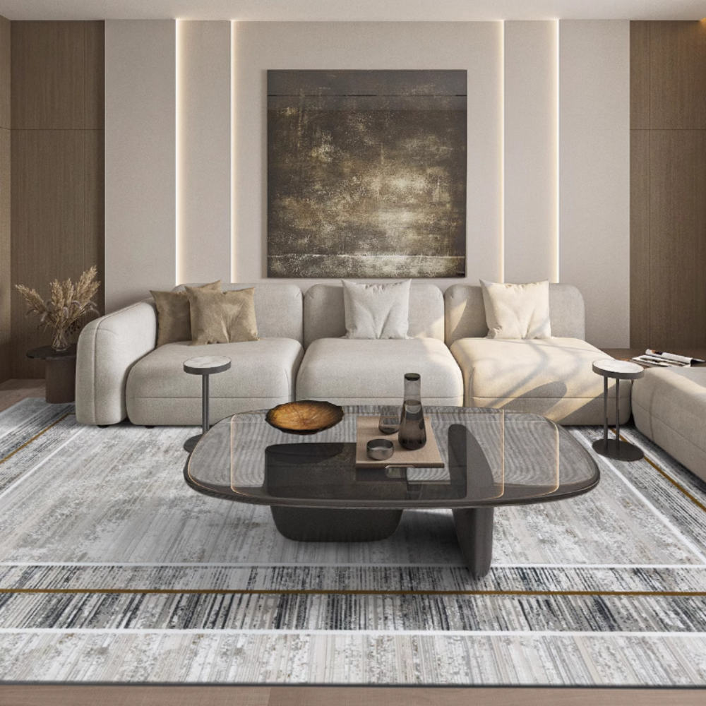Modern living room with textured rug and sleek coffee table