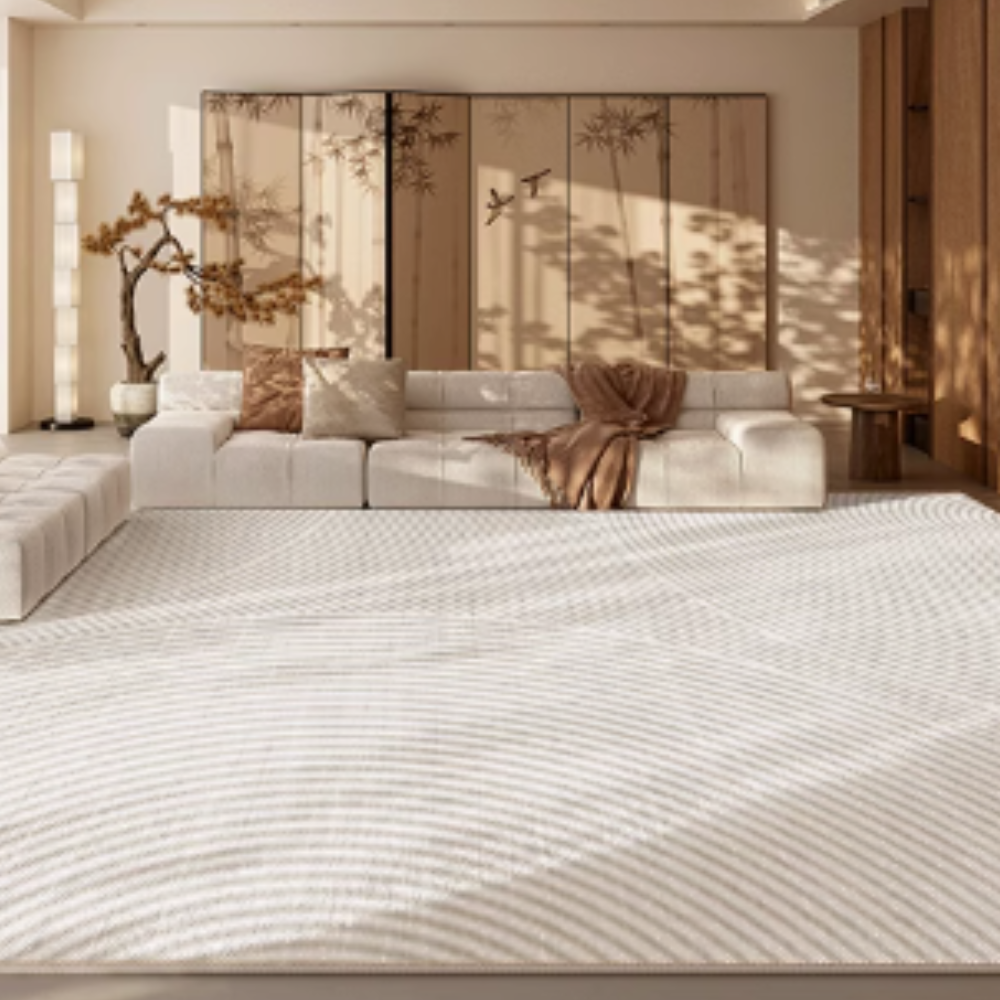 Textured white rug in a cozy living room with modern decor