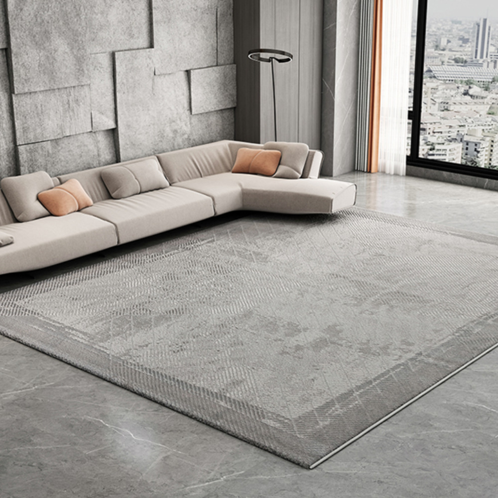 Lysandra abstract textured rug in modern living room with gray tones.