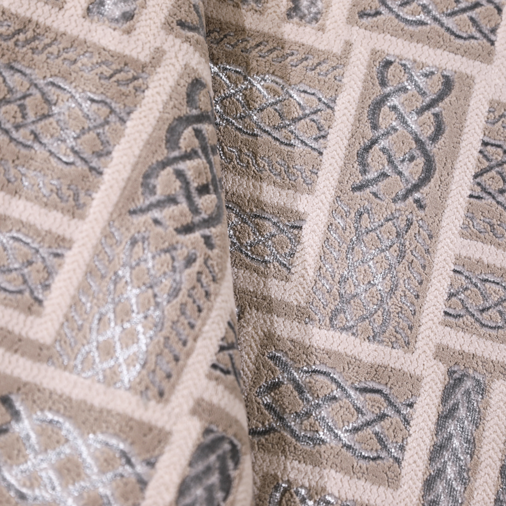 Beige checkered textured rug with gray and silver designs for modern interiors.